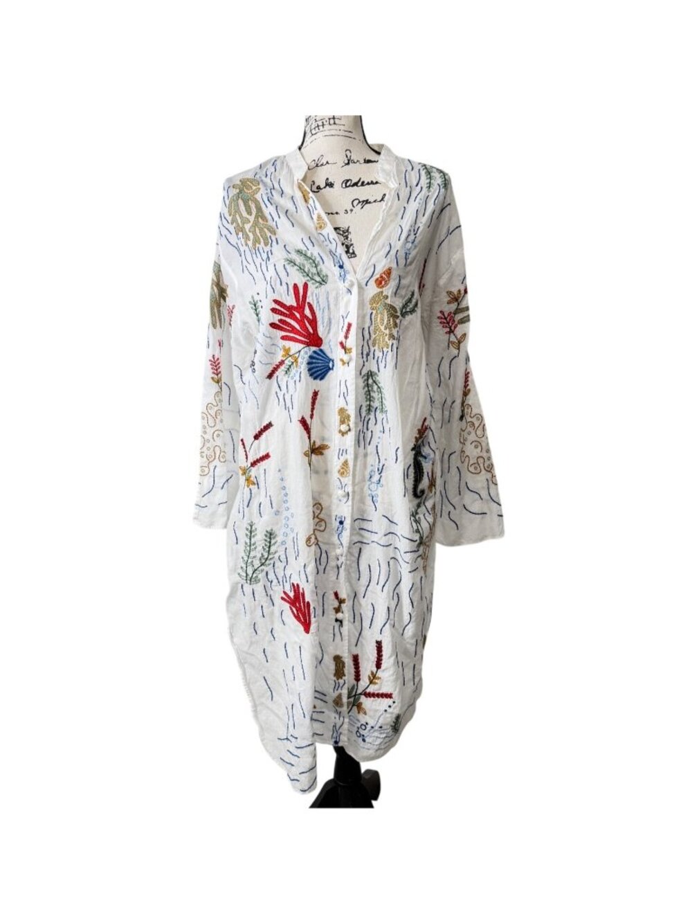 Zara Womens Size M Long Shirt Embroidered Sea Motifs White Kimono Tunic Dress